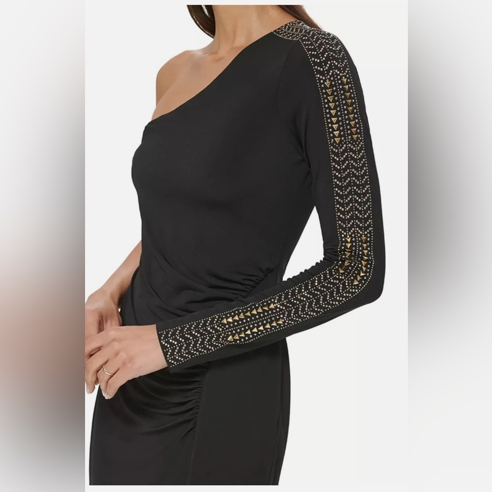 Guess Black One-Shoulder Dress with Gold Embellished-Sleeve Accents - Picture 3 of 5